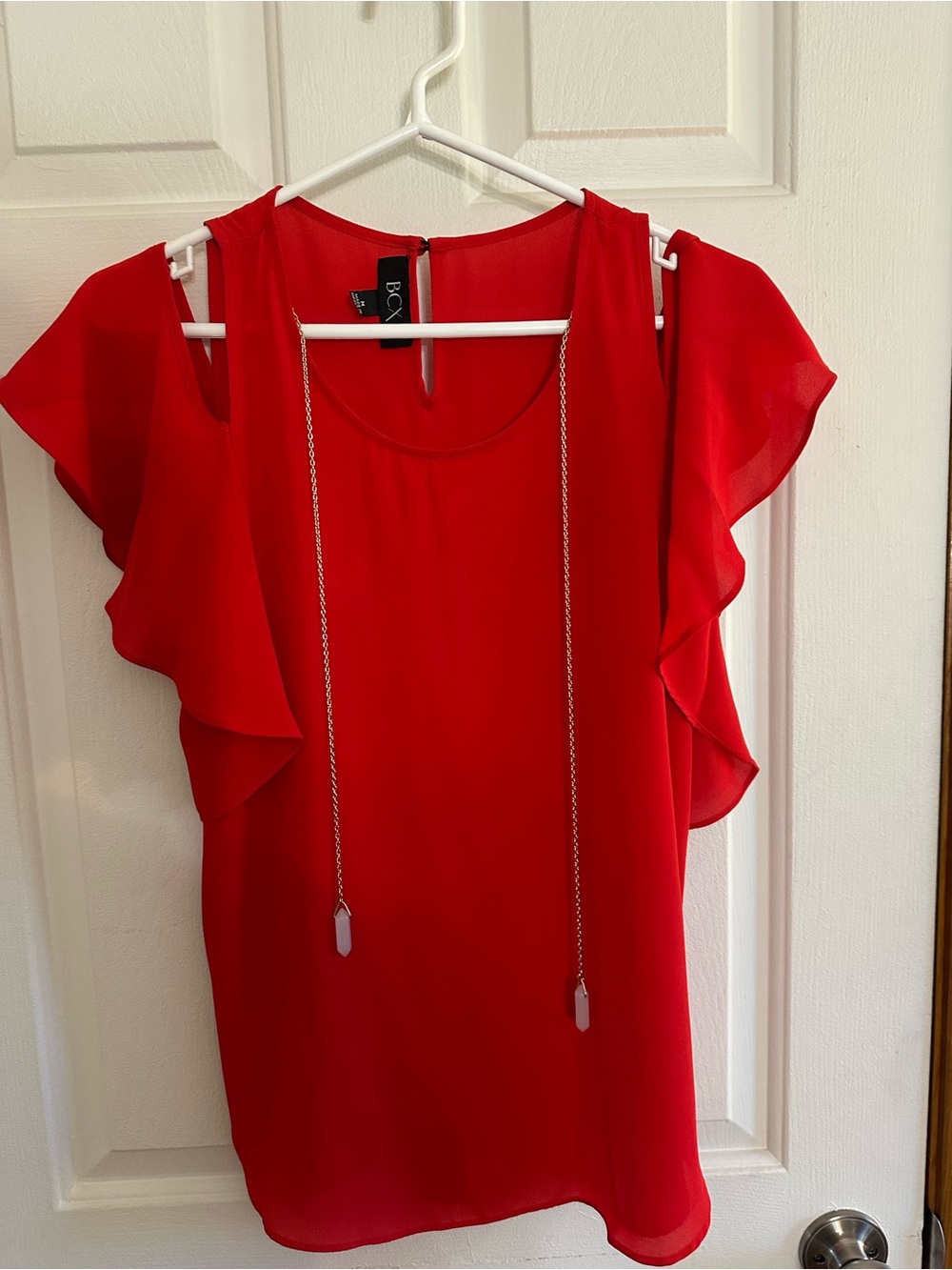 BCX Red Flutter Sleeve Blouse with Chain Tassels